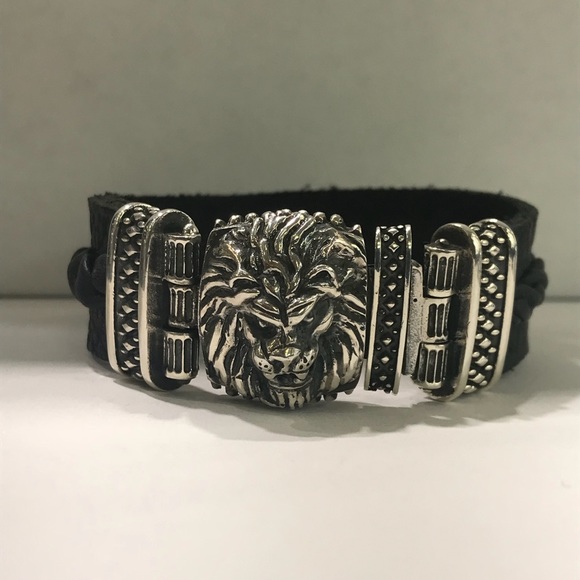 sterling silver lion face bracelet with  leather - Picture 1 of 8